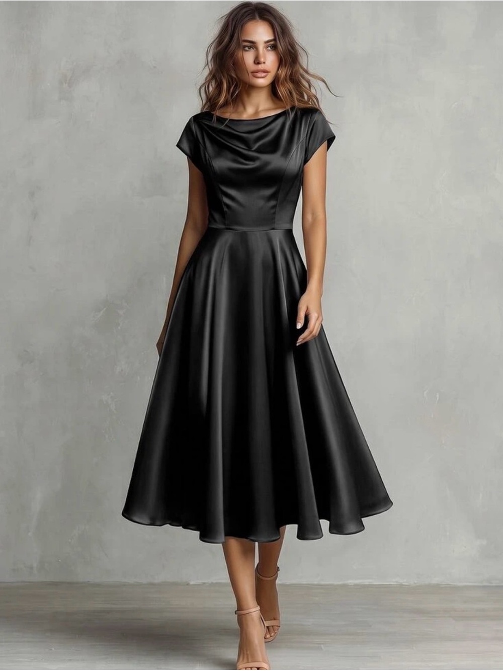 SHEIN Black Satin Cowl-Neck Midi Dress